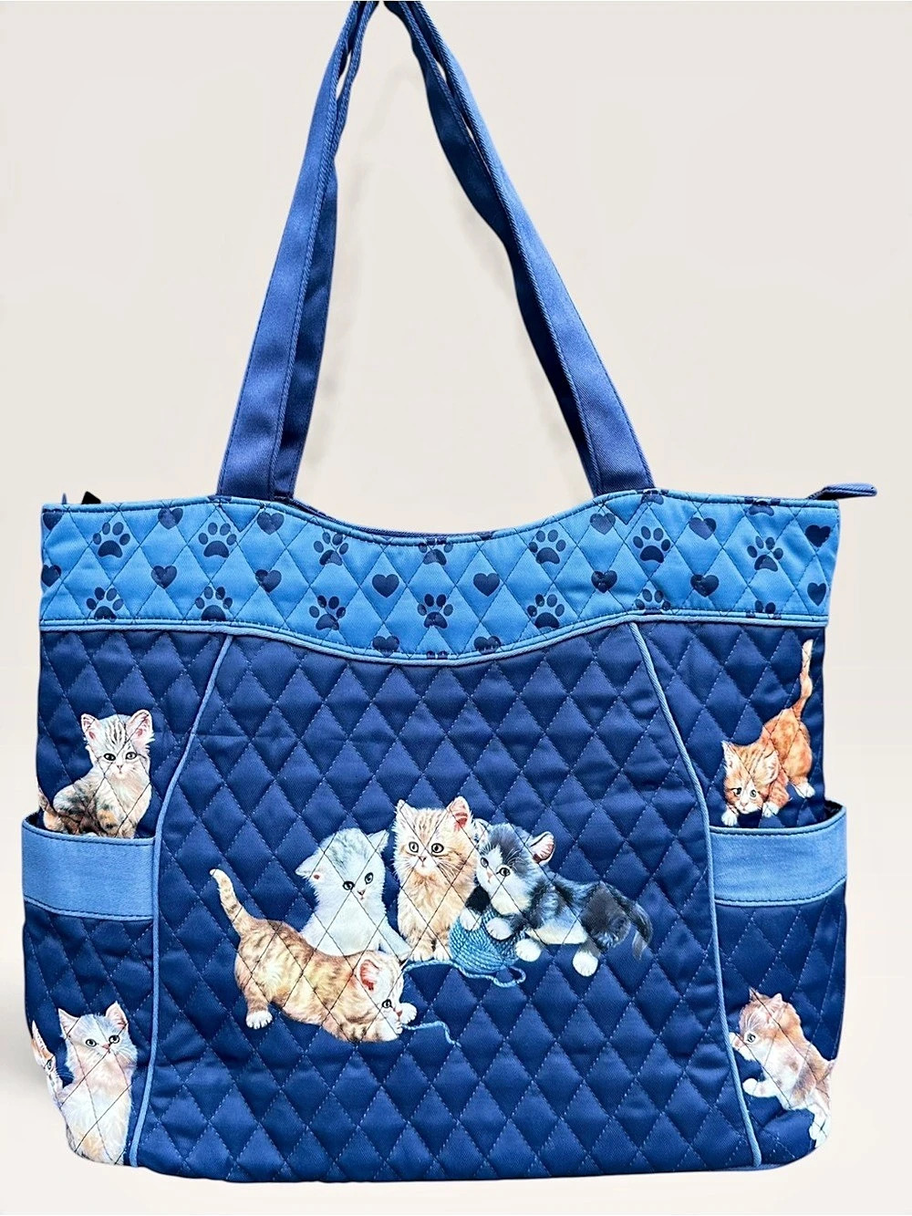 NWOT Bradford Exchange Kitty-Kat Cute Quilted Tote Bag Blue Quilted Cat Tote
